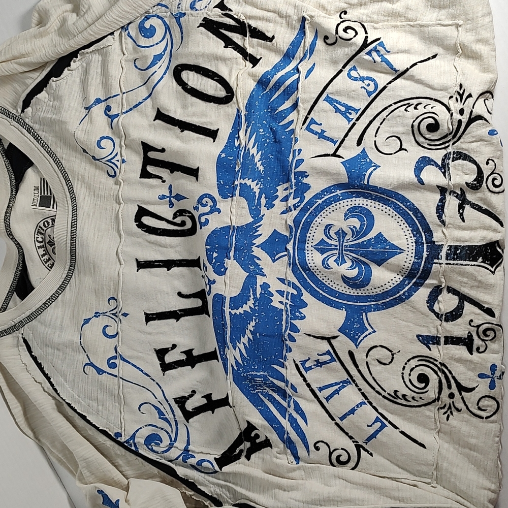 Men's M Affliction Long Sleeve T Shirt Cream Blue Ombre Eagle Fluer De Lis - Picture 5 of 5